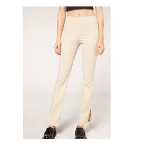 BNWT Caledonia Cream Beige High-Waist Flared Leggings Denim Paints w Slits Ends